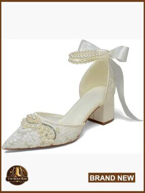 Pointed Toe Lace Pearl Block Heel Wedding Shoes Size US 6-11.5